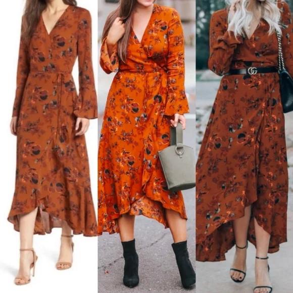 LEITH Burnt Orange Floral Wrap Dress Hi Low Rust Size 1X - Picture 3 of 9